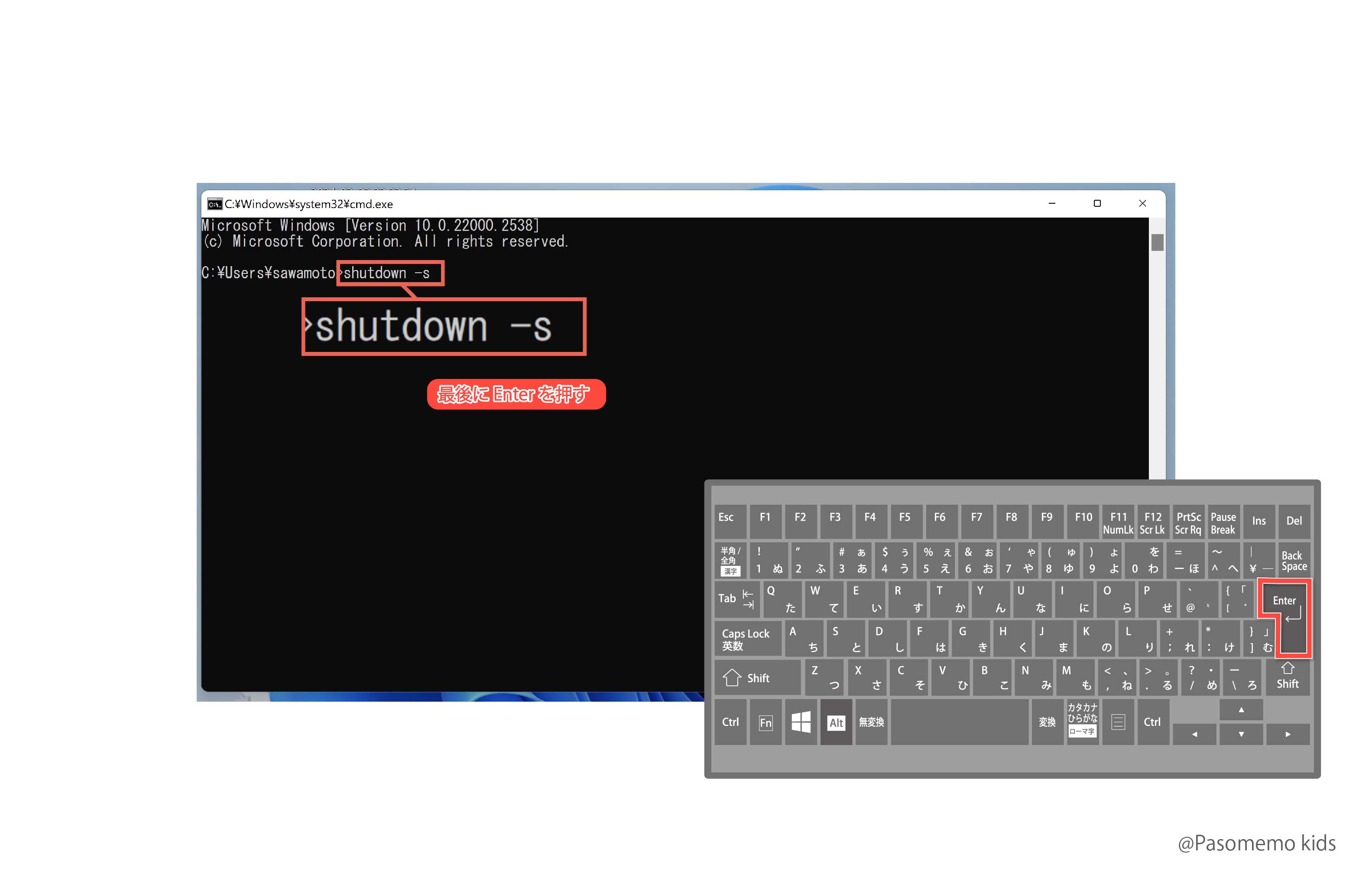 コマンドプロンプトで「shutdown -s」を入力してEnterを押す