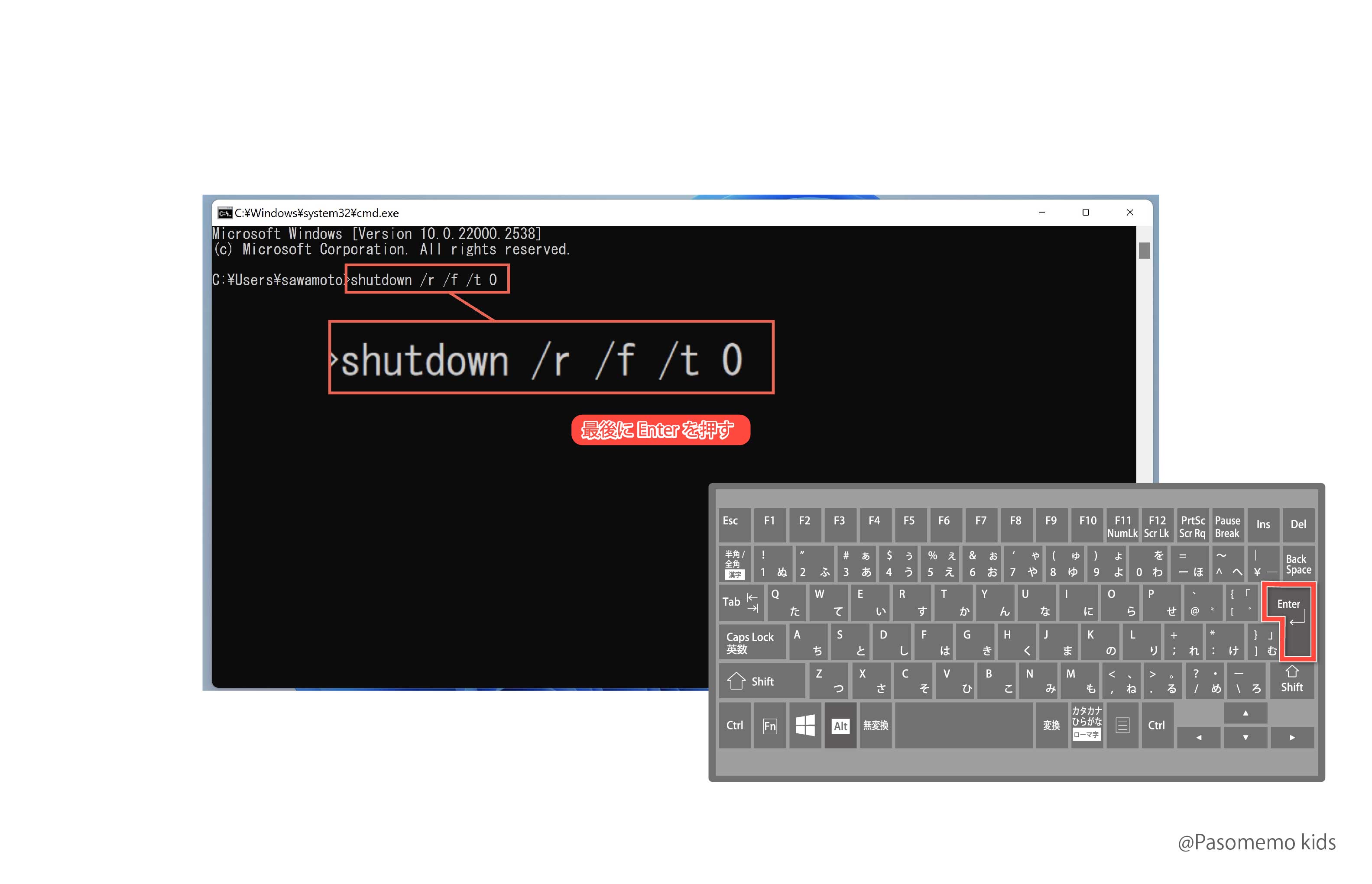 コマンドプロンプトで「shutdown /r /f /t 0」を入力してEnterを押す