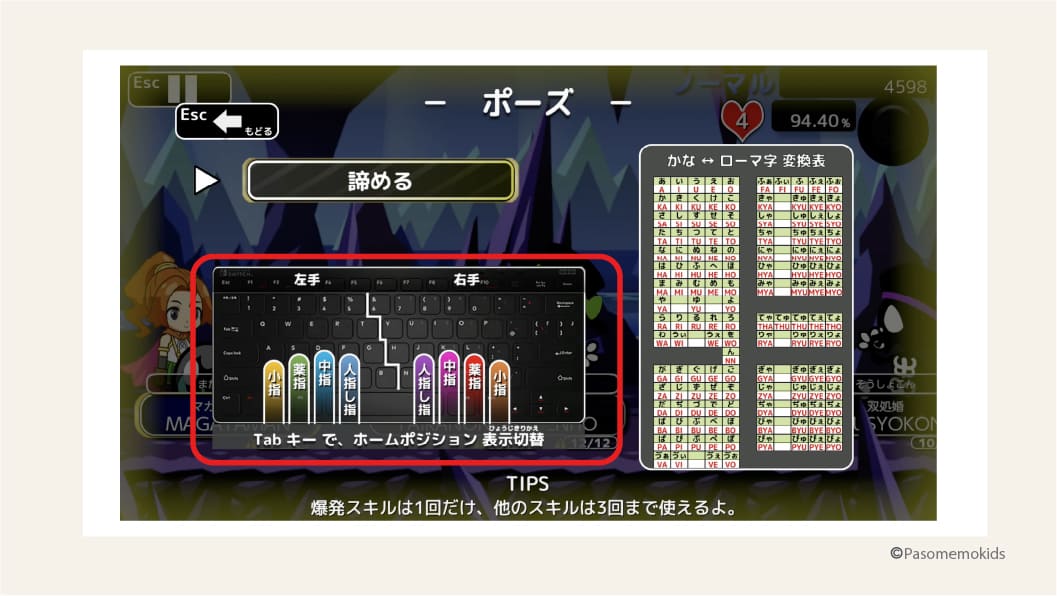 「タイピングクエスト」ゲーム内でホームポジションについて振り返る画面